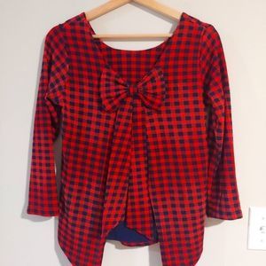 Red & dark  blue buffalo plaid top with bow on back